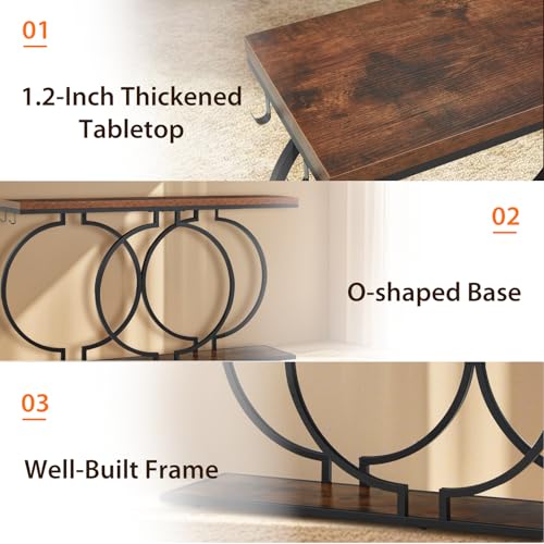 UPHYB 55'' Narrow Console Table, Industrial Entryway Table with Storage Shelves, O-Shaped Circle Metal Frame, Wood Accent Tables for Living Room, Hallway, Foyer, Entrance, Rustic Brown UPHYB