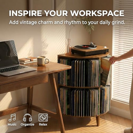 YKLYTBD Record Player Stand with Vinyl Storage, Corner Turntable Stand Holds Up to 110 Albums, 2-Tier Mid-Century Modern Media Console & End Table for Small Spaces YKLYTBD