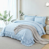 ANGIYUIN 5Pcs Queen Ruffle Comforter Sets Light Blue Double-Layer Ruffled Bedding Sets Vintage Farmhouse Bed Sets Solid Elegance Ruched Bed in A Bag for Women(Light Blue Queen) ANGIYUIN