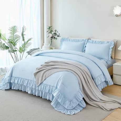 ANGIYUIN 5 Pieces Light Blue Full Bed in A Bag for Girls Ruffle Bedding Sets Farmhouse Fluffy Comforter Set Soft Lightweight Bed Sets for Women Girls(Light Blue Full) ANGIYUIN