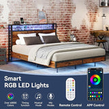 Queen Bed Frame with Storage Headboard and Charging Station, Metal Bedframe with LED Lights, Queen Size Platform Bed with Heavy Duty Slats, 100% Anti-Slip Mattress, No Box Spring Needed, Rustic Brown Susalt