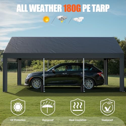 JAMFLY Carport, 12x20 ft Heavy Duty Carport with Roll-up Windows, Portable Garage with Removable Sidewalls & Doors, Car Canopy with Sandbags and All-Season Tarp for Car Boat Truck Motorcycle, Grey JAMFLY