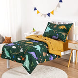 Wake In Cloud - Toddler Bedding Set for Boys, 4 Pieces Soft Crib Bed Set Including Comforter, Fitted Sheet, Flat Top Sheet and Pillowcase, Colorful Jurassic Dinosaur Volcano, Dark Green Wake In Cloud