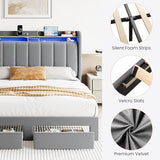 SHA CERLIN Velvet Queen Bed Frame with Vertical Channel Tufted Wingback Headboard & 2 Storage Drawers/2-Tier Shelves with LED Lights & Charging Station/Noise-Free/No Box Spring Needed/Light Grey SHA CERLIN