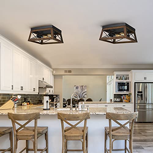DEWENWILS Farmhouse Ceiling Light Fixture, Metal Flush Mount Ceiling Light with Wood Grain Finish, 2-Lights Ceiling Lamp for for Hallway, Entryway, Kitchen, Foyer DEWENWILS
