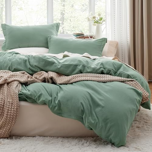 Bedsure Sage Green Duvet Cover Queen Size - 3 Pieces Prewashed Cotton-Like Polyester Extra Soft Bedding Set, Includes 1 Duvet Cover 90x90 Inches with Zipper Closure & 2 Pillow Shams, No Comforter Bedsure