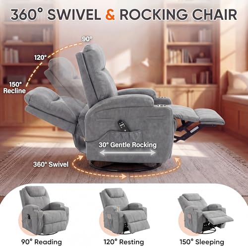 JUMMICO Small Swivel Rocker Recliner, 360 Rocking Chair Recliner with Massage, Upholstered Fabric Rocker Recliner with Cup Holder for Living Room, Bedroom, Nursery (Gray)