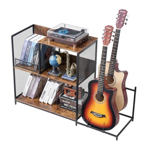 VEVOR 3-Tier Record Player Stand with Guitar Holder, Turntable Stand with Storage Holds Up to 300 Albums, Vinyl Record Cabinet with Metal Mesh Frame for Living Room, Bedroom, Black VEVOR