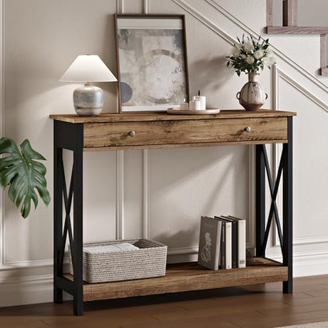 Treocho Console Table with Drawer and Storage Shelves, Foyer Sofa Table Narrow for Entryway, Living Room, Hallway Rustic Oak & Black Treocho
