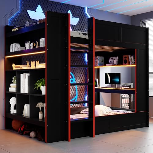 RUNNA Full Size Wood Gaming Bunk Bed with Desk, Storage Shelves, LED and Charging Station, Study & Play Space for Kids & Teens RUNNA