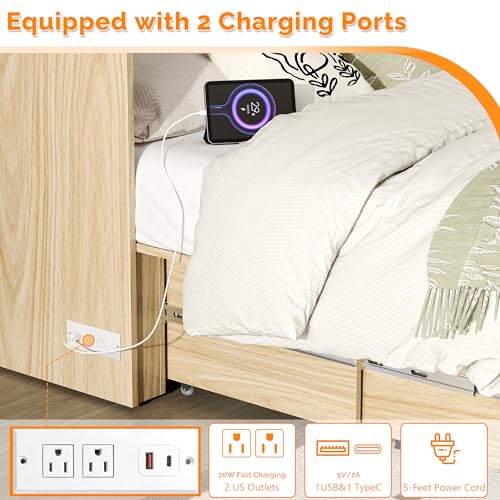 VINGLI Queen Size Rattan Murphy Bed with Storage Drawer, Space-Saving Cabinet Bed for Kids,Adults & Guests,Warm Off-White VINGLI
