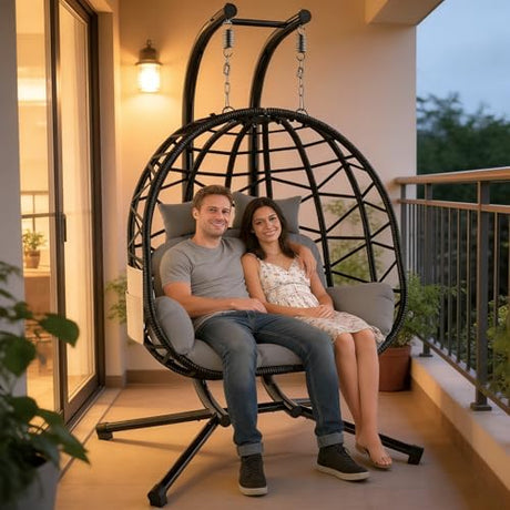 Suteck Double Hanging Egg Chair with Stand, Outdoor Indoor 2 Person Wicker Egg Swing Chair with Cushion, 700lbs Capacity for Patio, Bedroom, Garden - Black Suteck