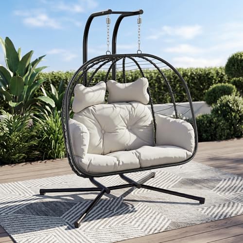 Bifanuo Double Hanging Egg Chair with Stand, Outdoor Indoor Swing Chair with Removable Cushion for 2 Person, Heavy Duty 700LBS Capacity for Patio, Bedroom, Garden (Black-Beige)
