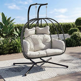 Bifanuo Double Hanging Egg Chair with Stand, Outdoor Indoor Swing Chair with Removable Cushion for 2 Person, Heavy Duty 700LBS Capacity for Patio, Bedroom, Garden (Black-Beige)