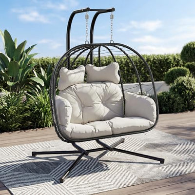 Bifanuo Double Hanging Egg Chair with Stand, Outdoor Indoor Swing Chair with Removable Cushion for 2 Person, Heavy Duty 700LBS Capacity for Patio, Bedroom, Garden (Black-Beige)