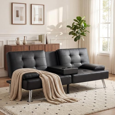 YESHOMY Modern Futon Sofa Bed, Convertible Futon Couch with Adjustable Backrest, Futon Loveseat Sleeper Sofa Bed with Armrest for Living Room, Small Spaces,PU Leather, Black YESHOMY