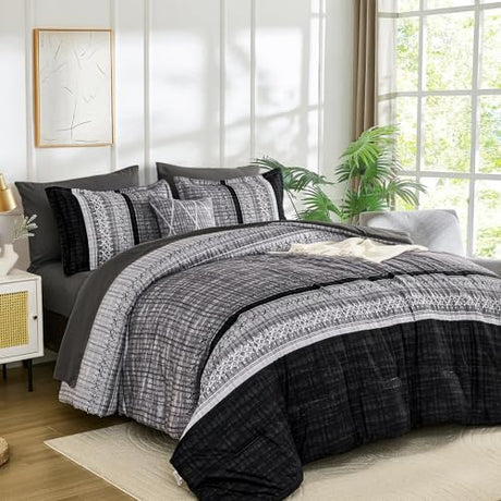 Dintszyayue Black Comforter Set Queen Size, 8 Pieces Boho Striped Bed in a Bag Soft Microfiber Bedding Set for All Season Dintszyayue