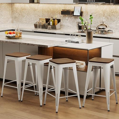 Alunaune 24" Metal Bar Stools Set of 4 Industrial Backless Counter Height Barstools Kitchen Patio Stool Stackable with Wooden Seat- White