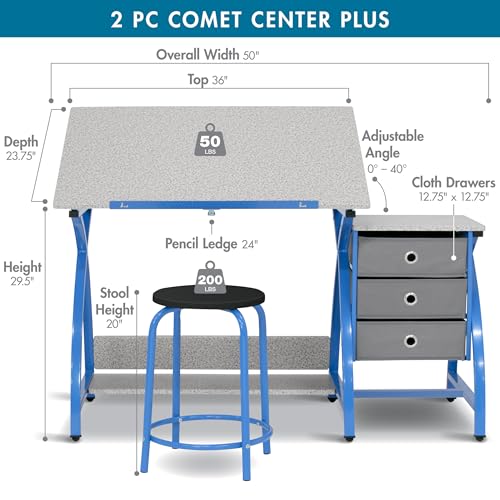 SD STUDIO DESIGNS Comet Center Plus, Craft Table and Matching Stool Set with Storage and Adjustable Top, Blue/Spatter Gray, 50x23.75x29.5 inches, 2 Piece SD STUDIO DESIGNS