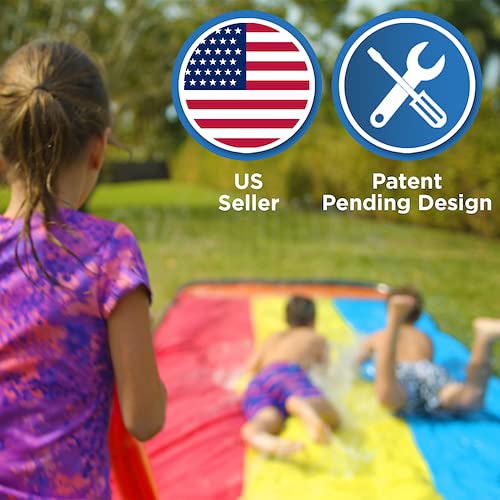 JAMBO 16Ft Premium 3 Lane Slip Splash and Slide with Bodyboards, Heavy Duty Water Slide- Advanced 3-Way Sprinkler System, Splash Mat Splash Pad Backyard Waterslide Outdoor Water Toys n Slides for Kids JAMBO