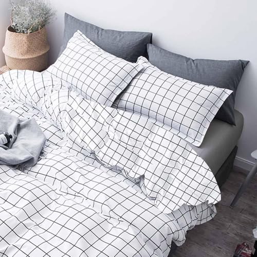 Faincy Full Comforter Set, White Black Grid Geometric Plaid Pattern Printed Reversible Comforter - Size 80 x 90 3PC Soft Microfiber Duvet Sets 2 Pillowshams Modern Bedding in a Bag for Women Men Teen Faincy