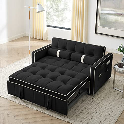 3 in 1 Sleeper Sofa Couch Bed, Small Tufted Velvet Convertible Loveseat Futon Sofa w/Pullout Bed, Adjustable Backrest, Cylinder Pillows for Living Room Apartment, Easy to Assemble, Black, 55.5"