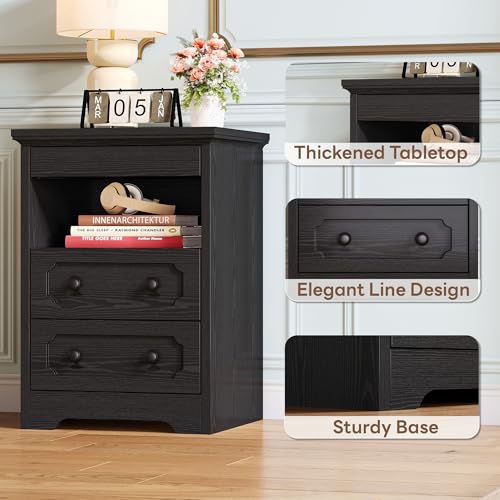 LIKIMIO Nightstand Set of 2, Night Stand with Pull Out Tray, Wooden Bedside Table with 2 Drawers and Open Shelf, Side Table for Bedroom, Black LIKIMIO