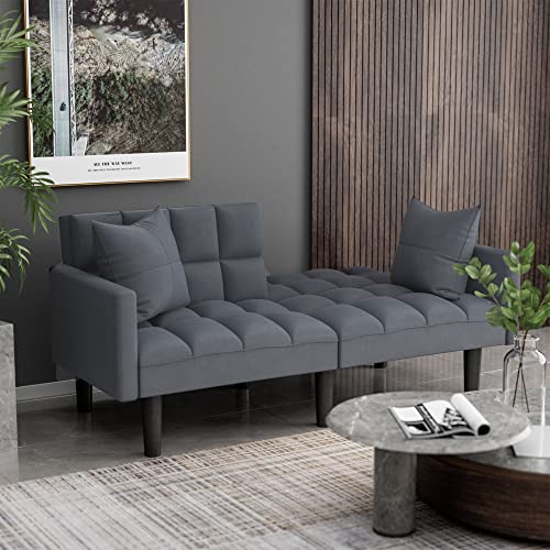 JUMMICO Modern Tuft Futon Sofa Bed Couch Convertible Loveseat Sleeper Reclining Futon Twin Size with Arms and 2 Pillows for Living Room (Blue) JUMMICO