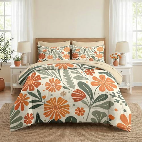 Nesker Comforter Set Full Size, Boho Colorful Floral 7 Pcs Bedding for Kids and Adults, Abstract Matisse Flowers Bed Sheet Sets with Fitted Sheet 2 Pillowcases & 2 Shams Nesker