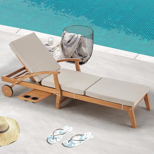 HOMREST Wood Outdoor Chaise Lounge Chair, 83x23in Patio Lounge Recliner with Adjustable Backrest, Cushioned Seat, Wheels, Slide-Out Side Table & Cup Holder, Beige