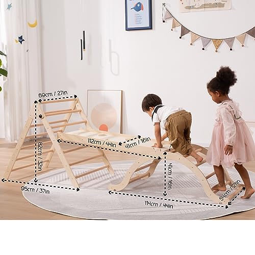 Giant bean Large Foldable Pikler Triangle Set with Sliding Ramp & Climbing Arch Ramp, 5-in-1 Wooden Toddler Climbing Toys Indoor,Playground Jungle Gym for Kids Age 3-6, Montessori Climbing Set Giant bean