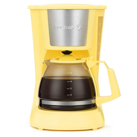 Holstein Housewares - 5 Cup Drip Coffee Maker - Convenient and User Friendly with Permanent Filter, Borosilicate Glass Carafe, Water Level Indicator, Auto Pause/Serve and Keep Warm Functions,Yellow