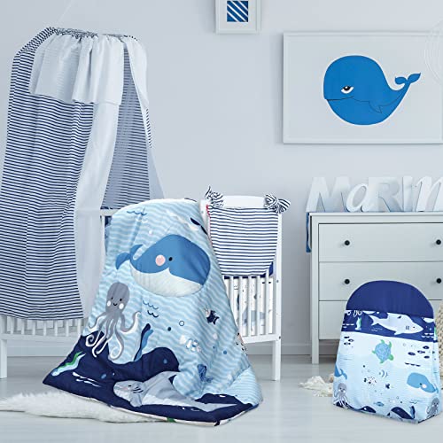 Rtteri 4 Pieces Baby Crib Bedding Set, Nursery Bedding Standard Size Soft Baby Bedding Set Including Crib Skirt, Blanket, Sheet and Diaper Stacker for Girls and Boys(Whale) Rtteri