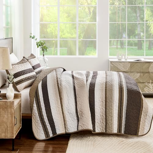 WONGS BEDDING Quilt Set Queen Size, Brown Striped Pattern Bedspread,Lightweight Summer Coverlet Bedding Set for Bed 96"x90" WONGS BEDDING