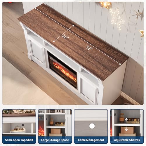 Garvee 58" Farmhouse Fireplace TV Stand, Entertainment Center with Open Storage Cabinets for TVs Up to 75", Media Console for Living Room,White Garvee