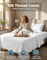 LANE LINEN Twin XL Sheets Set - 600 Thread Count Premium Sateen Weave for Hotel Quality Luxury - Extra Soft & Breathable Cotton Sheets Set for Single Beds - Fits Mattresses Upto 15'' Deep - White LANE LINEN