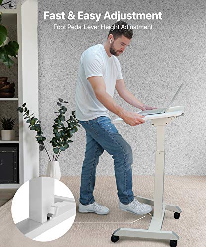 OCOMMO Mobile Podium - Pneumatic Standing Desk with 30 Degree Tilting Top, Adjustable Podium Stand, Lectern Portable with Wheels, Perfect for Lectures, Meetings, and Computer Use, White OCOMMO