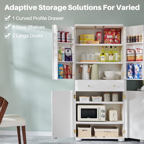 IFGET 71" Tall Kitchen Pantry, Modern Curved Pantry Storage Cabinet with 4 Doors and 6 Adjustable Shelves, Cupboard for Kitchen, Dining Room, Living Room and Bathroom, White IFGET