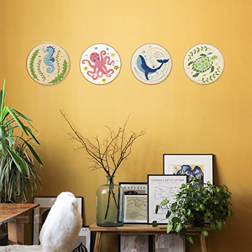 INFUNLY 4 Sets Embroidery Kit for Beginners with Sea Animals Pattern DIY Embroidery Kit for Adults Ocean Embroidery Art Kit Turtles/Seahorses/Octopuses/Whales Cross Stitch Kit with Embroidery Hoops