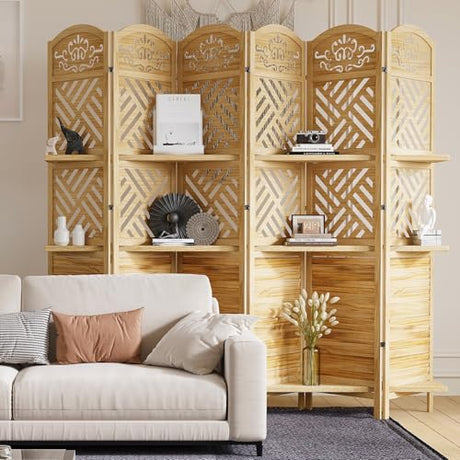 Room Divider with Shelves, 5.75ft Tall Folding Wood Carved Screen with Double Hinges for Home Office Bedroom Hotel Decoration (6 Panels, Natural) Svimi