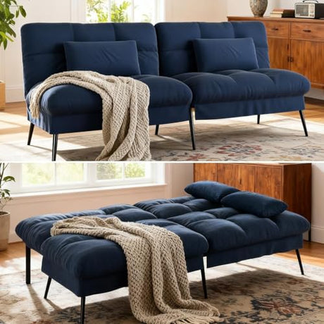 COMHOMA Convertible Sofa Bed,72″Fabric Couch with Adjustable Backrest,Loveseat Recliner Sleeper Living Room Furniture futon Set (Blue) COMHOMA