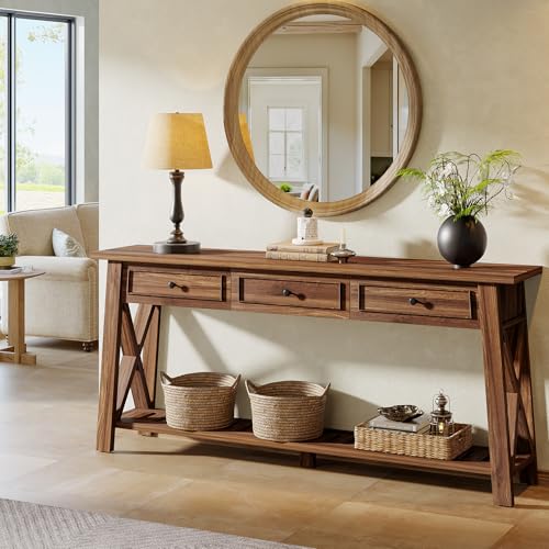 Tribesigns Console Table with 3 Storage Drawers, 70.87 Inches Extra Long Sofa Table Behind Couch with Bottom Shelf, Farmhouse Wooden Entryway Hallway Foyer Table for Living Room, Entrance (Walnut) Tribesigns
