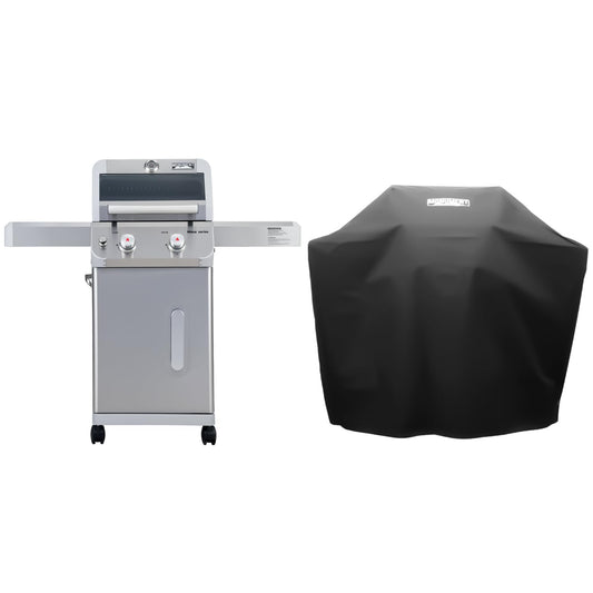 Monument Grills 2-Burner Stainless Steel Liquid Propane Gas Patio Garden Barbecue Grill with Clearview® Lid, Knob Control, and Two Foldable Shelves Mesa200S with BBQ Cover