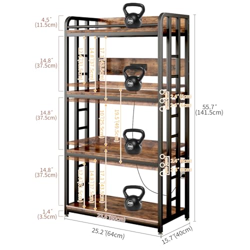 METYERRY Adjustable 4-Tier Heavy Duty Kitchen Baker's Rack with Power Outlet, with Industrial Wheels, Free Standing Microwave Oven Cart Stand for Storage in Living Room, Garage, Rustic Brown