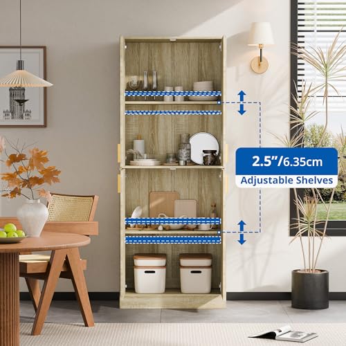 Cozy Castle Kitchen Pantry Cabinet, 71" Tall Wood Storage Cabinet with Doors and Shelves 4 Doors Freestanding Cupboard for Dining Room Living Room Bathroom Furniture, Whitewashed Oak Cozy Castle