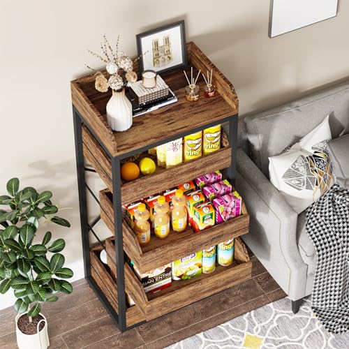 Tribesigns Wood Fruit and Vegetable Storage Rack, 5-Tier Pull-Out Snack Stand Fruit Basket Stand, Utility Shelf Organizer for Kitchen, Living Room, Bedroom, Rustic Brown - WoodArtSupply