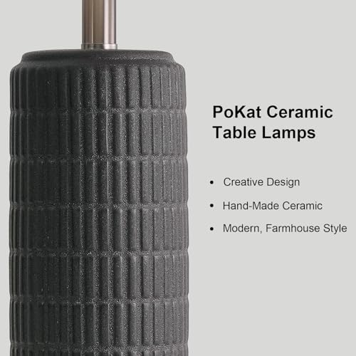 PoKat 23" Matte-Textured Ceramic Table Lamps Set of 2 for Bedroom, Stone-Like Modern Bedside Lamps for Night Stands, Farmhouse Nightstand Table Lamps Decor for Living Room End Table Black PoKat