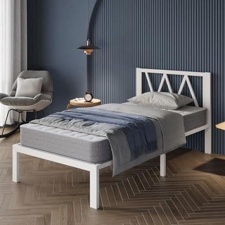 Avenco 14 Inch Twin Bed Frame with Headboard, White Metal Platform Bed Frame, Twin Size Bed Frame No Box Spring Needed, Easy Assembly, Heavy Duty Slats Support Avenco