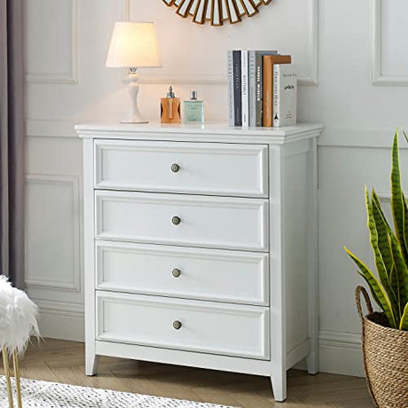 BOSHIRO White Dresser for Bedroom, 4 Chest of Drawers, Wooden Dressers Tall Nightstand with Drawer, Farmhouse Cabinet for Bedroom, Living Room,Hallway BOSHIRO