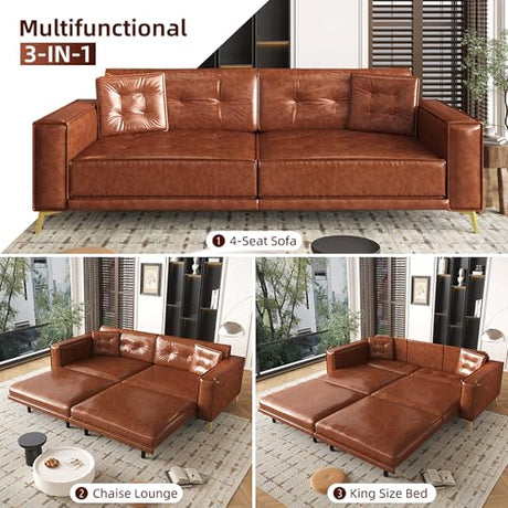 LuxyHoom 92.1'' Pull Out Sofa Bed King, Faux Leather Futon Couch, 3-in-1 Convertible Sleeper Sofa with Tufted Back, Gold Furniture Legs, Deep Loveseat for Living Room, Apartment, Office, Light Brown LuxyHoom